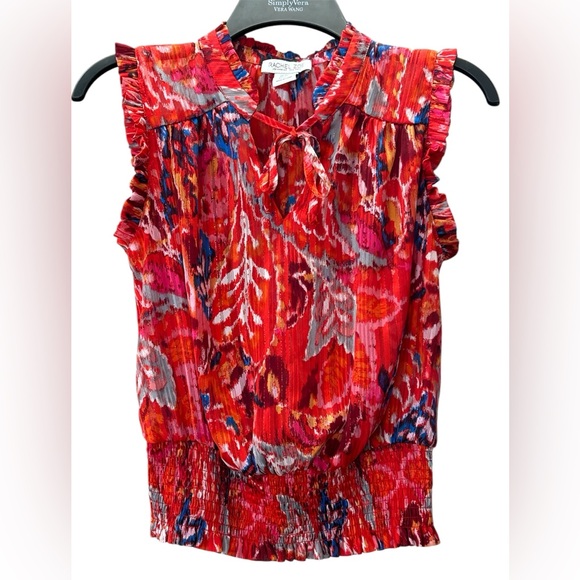 Rachel Zoe Ruffle Sleeve Smocked Waist Keyhole Neck Tie Blouse Top Size XS - Picture 2 of 12